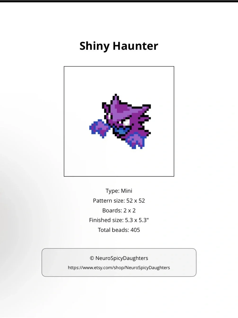 PHYSICAL COPY Pokemon Purple Haunter Pixel Art Bead Pattern